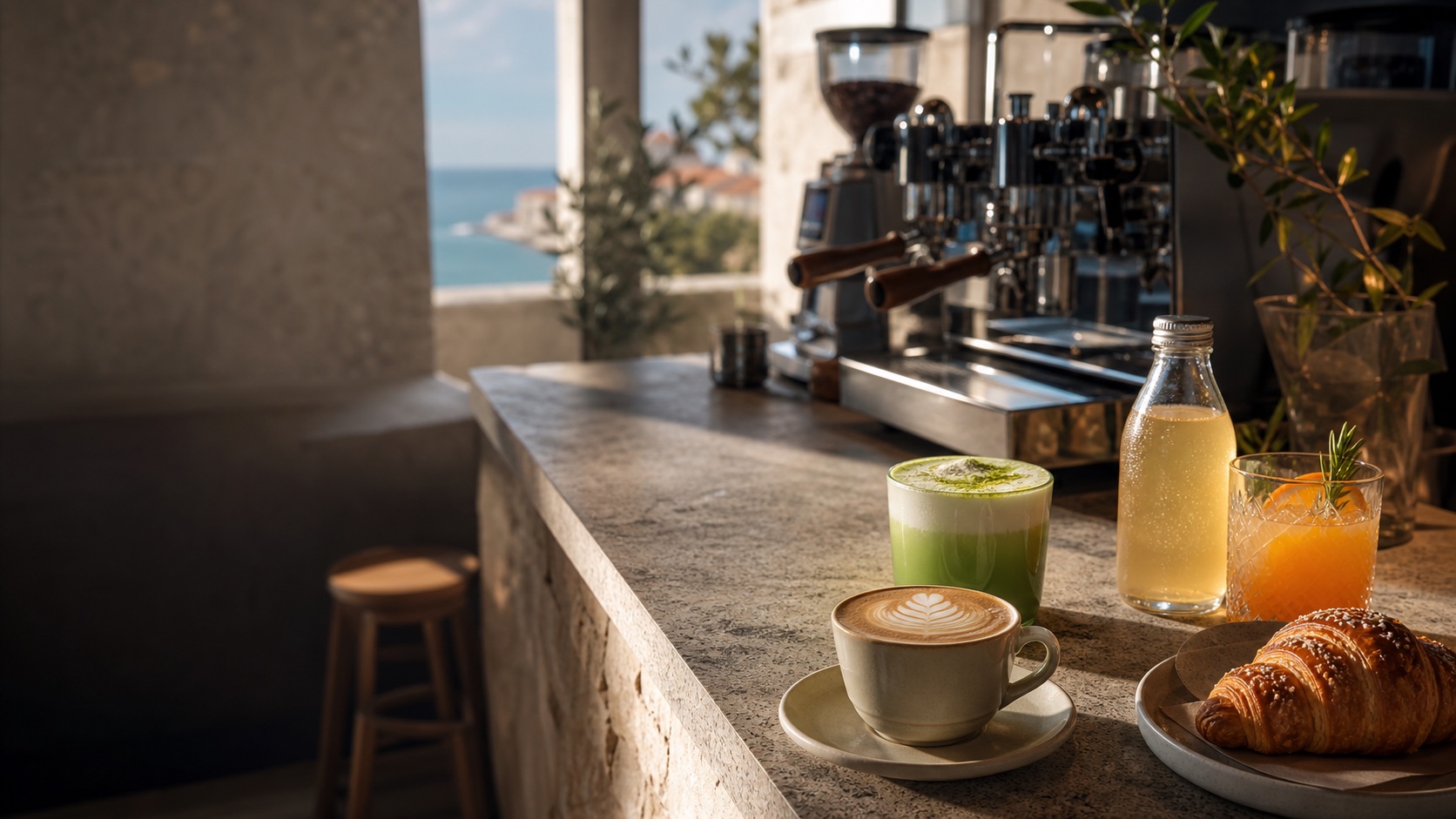 Ilustrativni specialty coffee bar s kavom, matchom i kroasanom